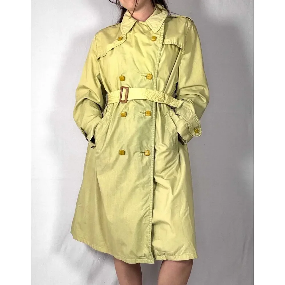 Vintage 1980s Hand Dyed Ombre Dip Dye Trench Coat Yellow Green Double Breasted